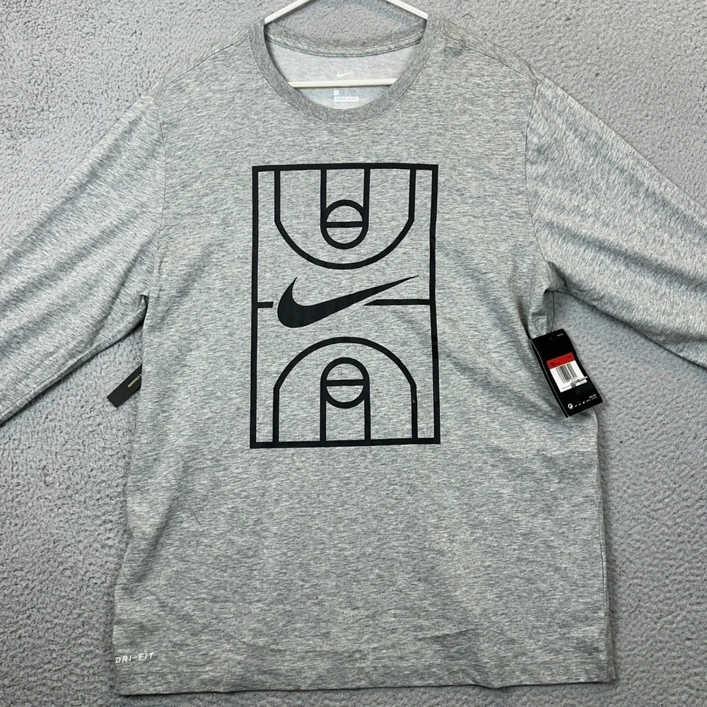 NEW Nike T-Shirt Men Large Dri-FIT Grey Basketball Court Graphic Long Sleeve Tee